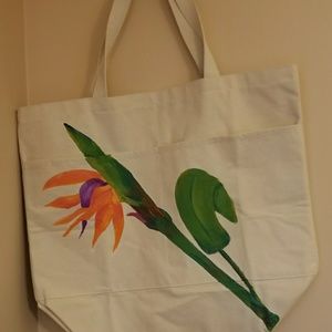 Beige Fabric bag with painted paradise bird flower